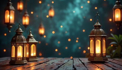 Obraz premium Ramadan and Eid Al Fitr banner,card,poster, Ramadan and Eid Adha background with copy space, Ramadan Antique Lanterns.