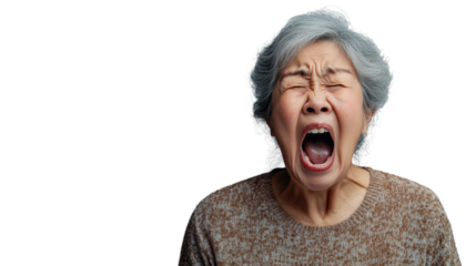Elderly woman expressing strong emotion on transparent background