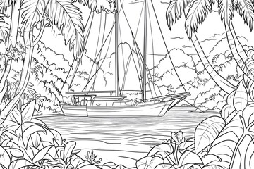 Sailboat Docked in Tropical Paradise Coloring Page