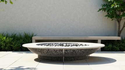 Modern minimalist outdoor fire pit with stone and mesh design, situated beside a sleek concrete bench and surrounded by lush greenery in a serene patio setting
