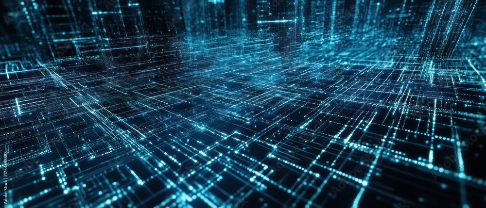 Poster abstract digital landscape showcasing interconnected lines and glowing nodes, representing data flow