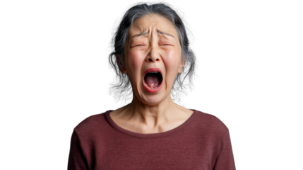Elderly woman expressing intense emotion on transparent background