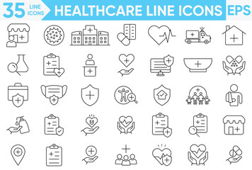 Healthcare Line Icon Set.prevention, medical, health, Medicine, check up, doctor, dentistry, pharmacy, diagnosis, report, illness, injury and more.Vector and illustrator set.