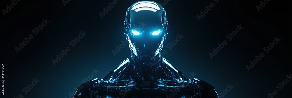 Leinwandbilder minimalist glowing humanoid robot stands centered with a sleek design and bright features in a dark 