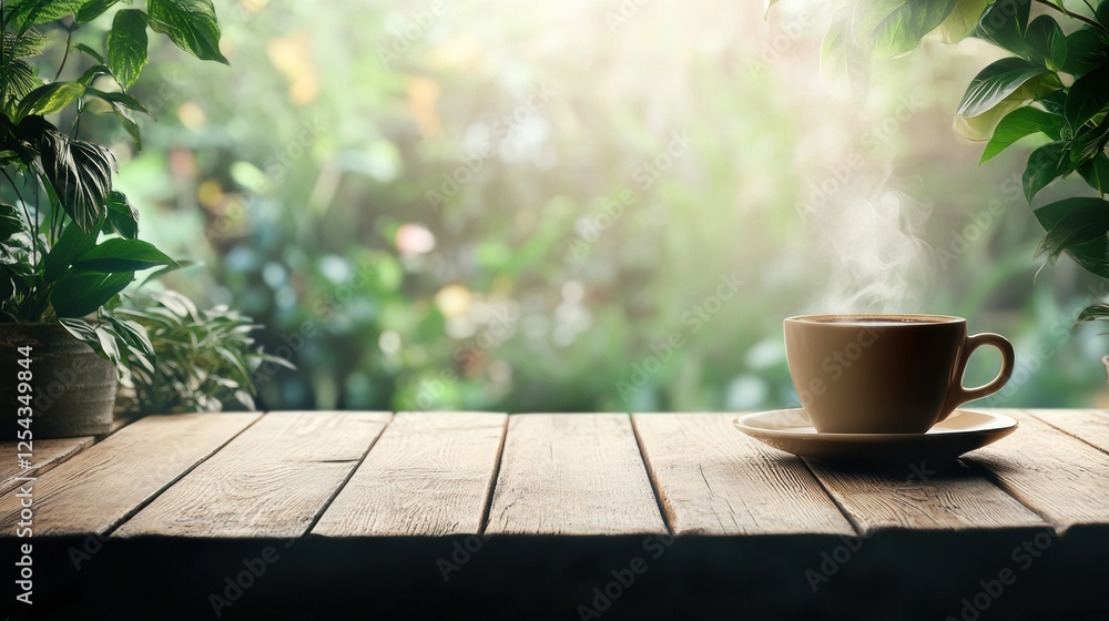 Aufkleber warm coffee cup with steam on rustic wooden table surrounded by greenery in a tranquil setting. gene