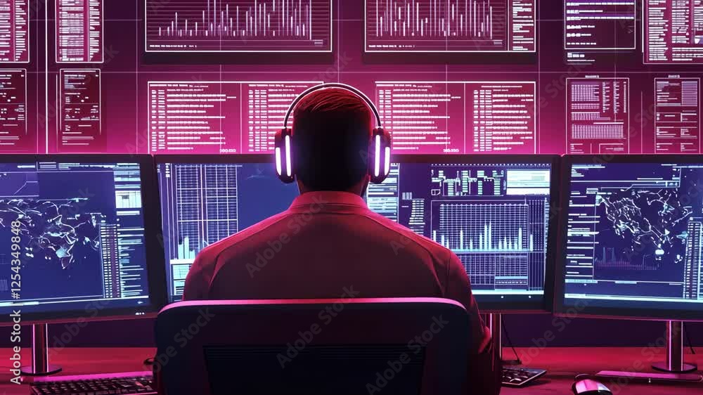 Poster person wearing headphones front of multiple computer screens displaying data and graphs, illuminated