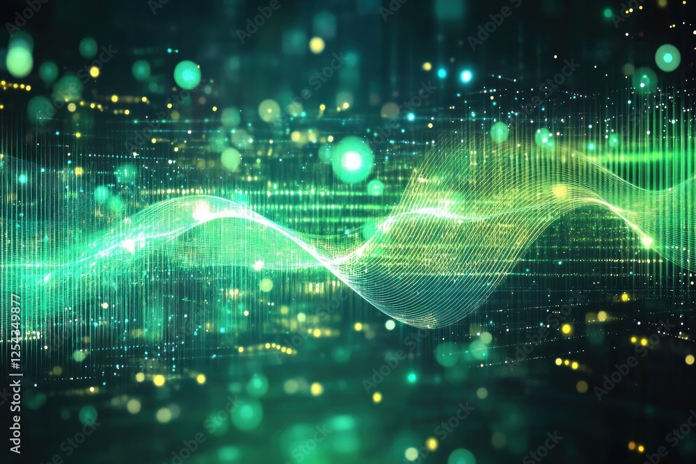 Poster abstract green wave pattern with glowing particles, representing digital data flow and technology in