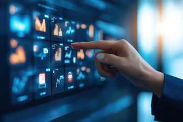 hand interacts with digital interface displaying various data visualizations and graphs, highlighting advanced technology and analytics