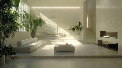 Serene Minimalist Living Room Design: Sunlit Interior with Modern Furniture and Greenery