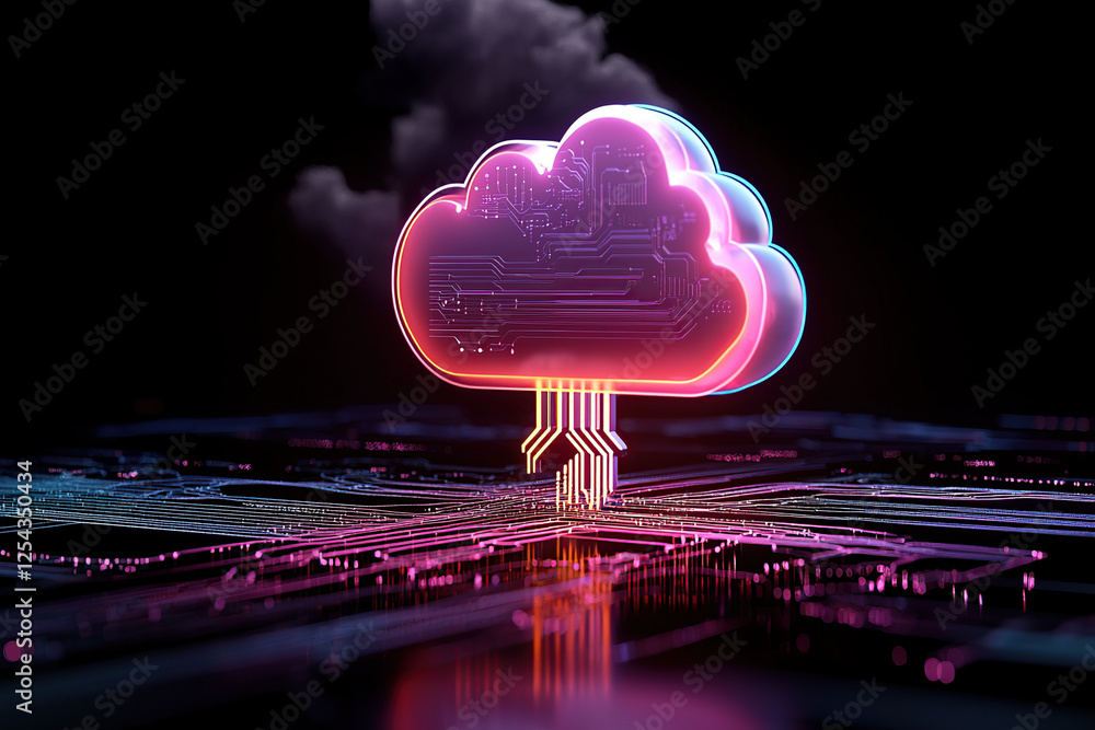 Poster glowing cloud icon with circuit patterns represents cloud computing and digital innovation. vibrant 