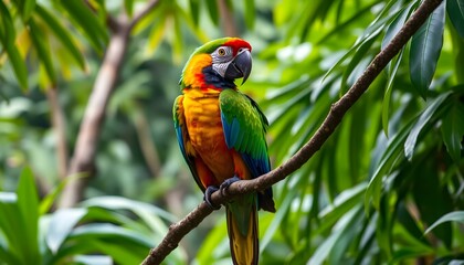 Obraz premium Stunning Colorful Macaw Perched on Branch in Lush Green Tropical Rainforest