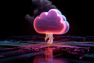 glowing cloud icon with circuit patterns represents cloud computing and digital innovation. vibrant colors and futuristic design highlight technology role in modern workflows