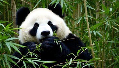 Fototapeta premium Adorable Panda Bear Munching on Bamboo in Lush Forest