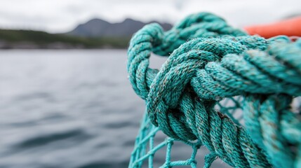 Fototapeta premium Close-up of Teal Rope Knots on Fishing Net by Water