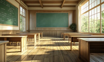A bright, empty classroom with wooden desks and a chalkboard, sunlight streaming through windows