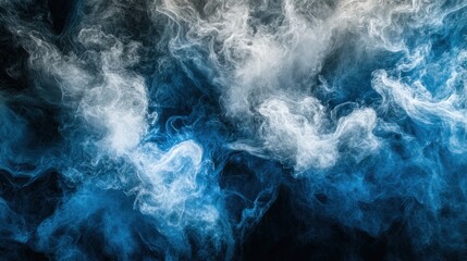 Abstract swirling smoke patterns in blue and white tones, creating a mystical atmosphere in a dark background