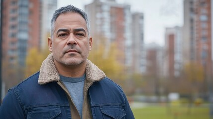 Fototapeta premium Worried Hispanic man in a polluted city highlights health concerns