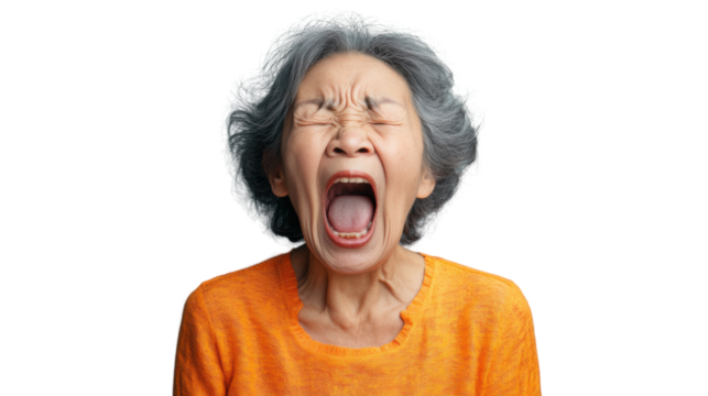 Elderly woman expressing loud emotion on transparent background