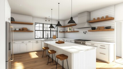 Modern Farmhouse Kitchen Design: White Cabinets, Wood Shelves, and Island