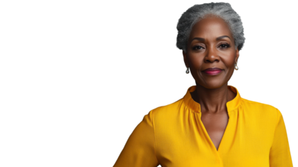Confident senior woman in yellow on transparent background