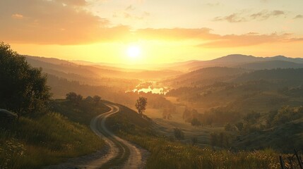Golden Hour Countryside Panorama: A Serene Sunrise Over Rolling Hills and Winding Road
