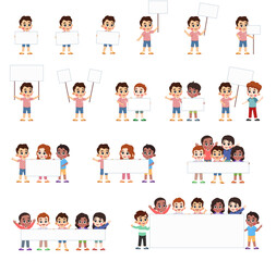 a Set of Kid Holding a Blank Sign with Friends