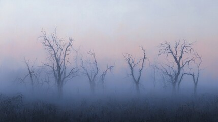 Obraz premium Misty Dawn: Enigmatic Bare Trees in a Serene Landscape