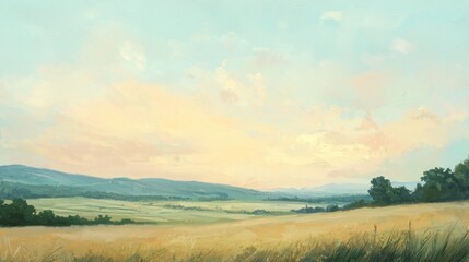 Obraz premium Serene Sunset over Golden Fields and Distant Mountains: A Pastoral Landscape Painting