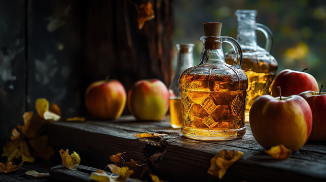 Autumn harvest display of apple cider in glass bottles beside fresh apples and fallen leaves on a rustic wooden table.