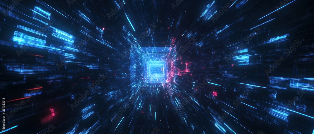 Poster abstract digital tunnel with vibrant blue and red light streaks, representing data flow in a futuris