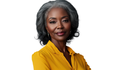 Confident senior businesswoman smiling with folded arms on transparent background