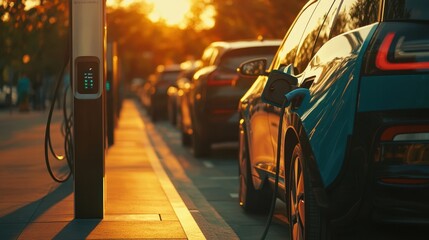 Fototapeta premium Electric Avenue Sunset: A row of electric vehicles charges at a roadside station during a vibrant sunset, showcasing sustainable transportation and urban progress.