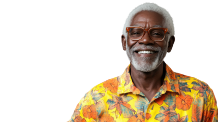 Happy senior man smiling wearing colorful shirt on transparent background