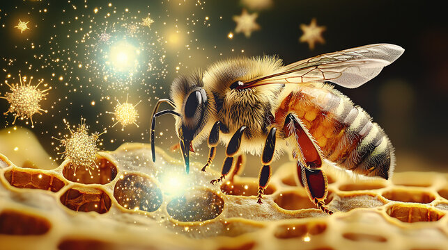 Close-up of a bee collecting pollen from honeycomb, surrounded by sparkling particles and stars