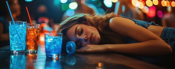 Young Woman Asleep on Bar Counter with Drinks