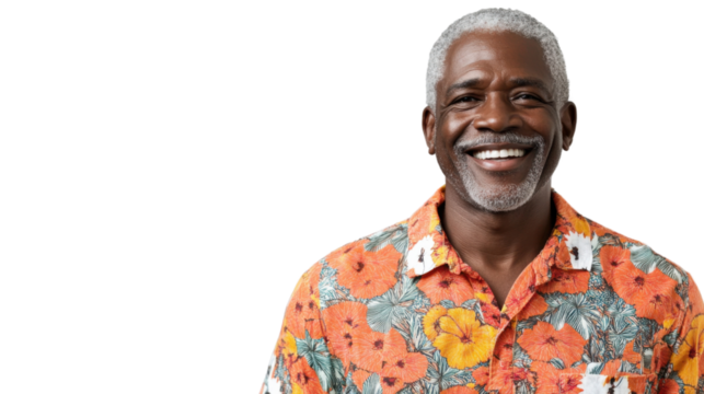 Smiling senior man wearing hawaiian shirt on transparent background