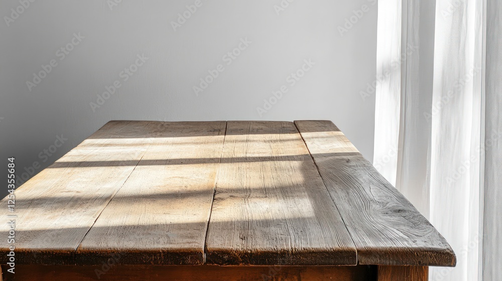 Poster Empty Rustic Wooden Table With Light And Shadow From Window