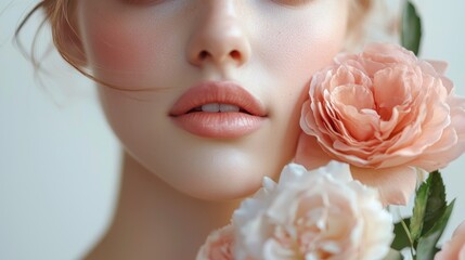 Fototapeta premium Close-up Portrait of a Woman's Face with Peach Roses