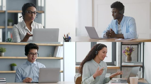 A diverse group of four individuals participates in a virtual meeting, utilizing laptops and wearing headsets. They share ideas and engage with each other from stylish home offices.