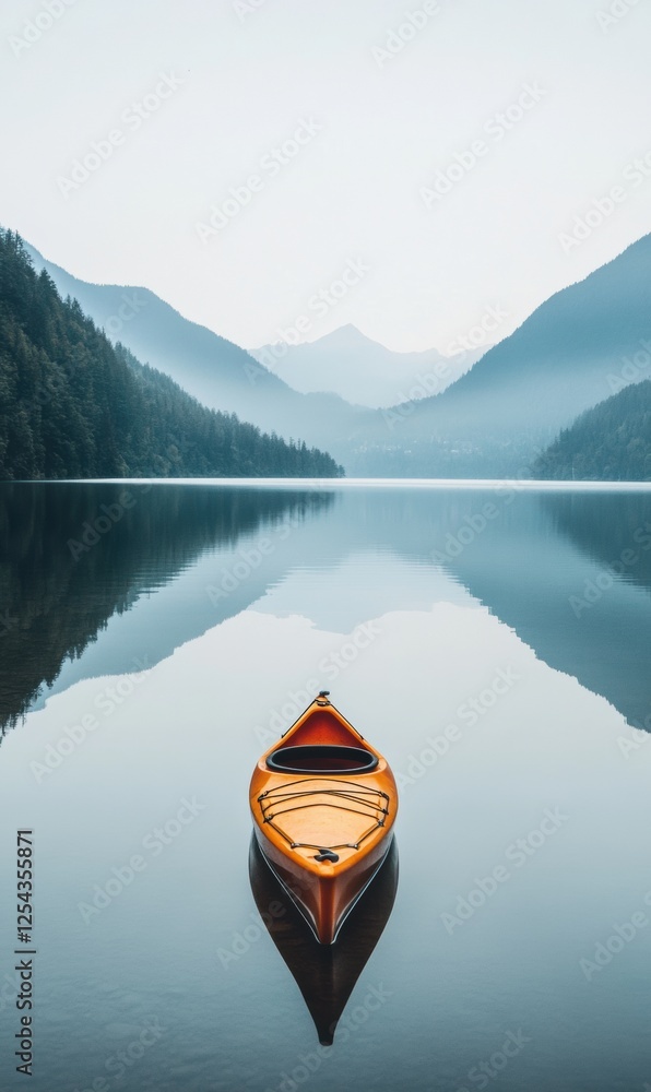 Poster lone kayak floats peacefully on a calm mountain lake surrounded by misty mountains at dawn. generati