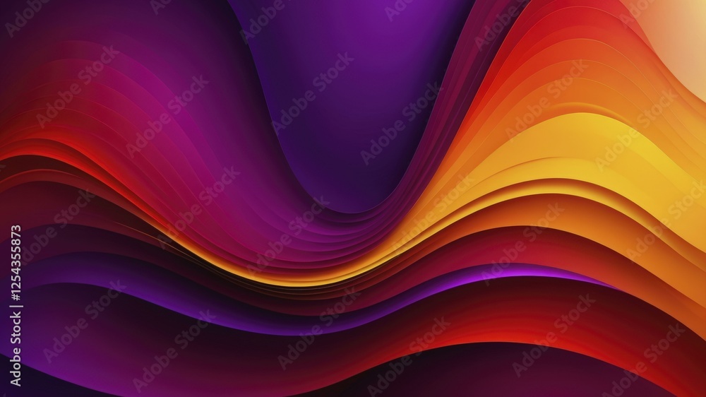 Wall mural Abstract digital artwork of wavy, overlapping layers in vibrant purples, reds, and oranges with a glossy texture.