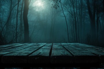misty forest landscape at night with a wooden table in the foreground, creating an eerie and atmospheric scene