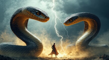 Fototapeta premium A warrior stands between two giant snakes in a dramatic storm.