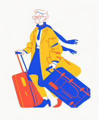 retro and trendy illustration of a traveler walking with a suitcase, heading on an adventure