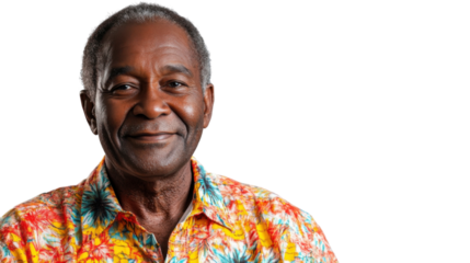 Smiling senior man wearing hawaiian shirt on transparent background