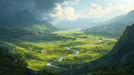 Serene Valley Landscape: A Breathtaking Panorama of Mountains, River, and Lush Greenery