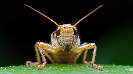 Naklejka premium Close-up of grasshopper on leaf, dark background, nature macro shot, wildlife photography