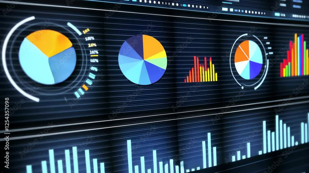 Poster colorful digital dashboard with pie charts, bar graphs, and data visualization analyzing information
