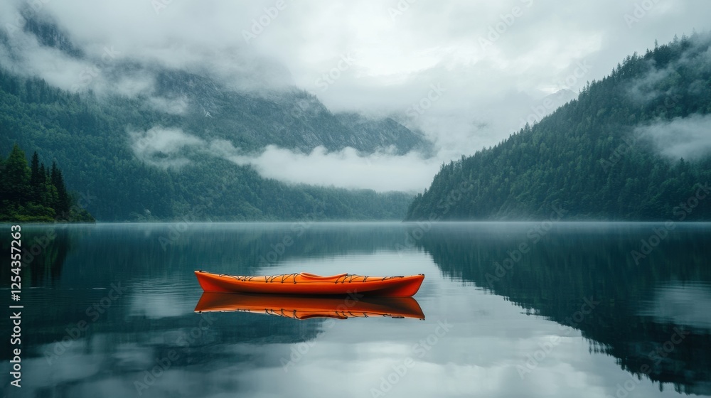 Poster lone orange kayak floating on a serene mountain lake surrounded by misty peaks during early morning 