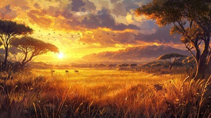 Fototapeta premium African Savanna Sunset: Golden Hour in the Serengeti